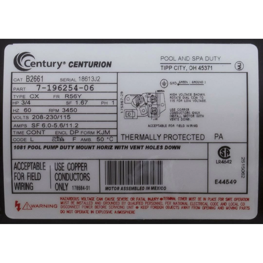 Century A.O. Smith - Pool Pump Motor, 0.75 HP, 115v/230v, 1-Speed, 56Yfr, SQFL, EE 11 Century A.O. Smith - Pool Pump Motor, 0.75 HP, 115v/230v, 1-Speed, 56Yfr, SQFL, EE - Image 9