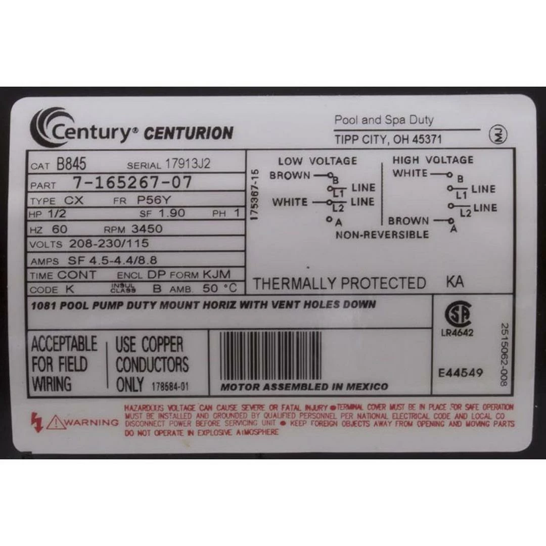 Century A.O. Smith - E-Plus 56Y Square Flange 1/2HP Full Rated Pool And Spa Pump Motor 11 Century A.O. Smith - E-Plus 56Y Square Flange 1/2HP Full Rated Pool And Spa Pump Motor - Image 9
